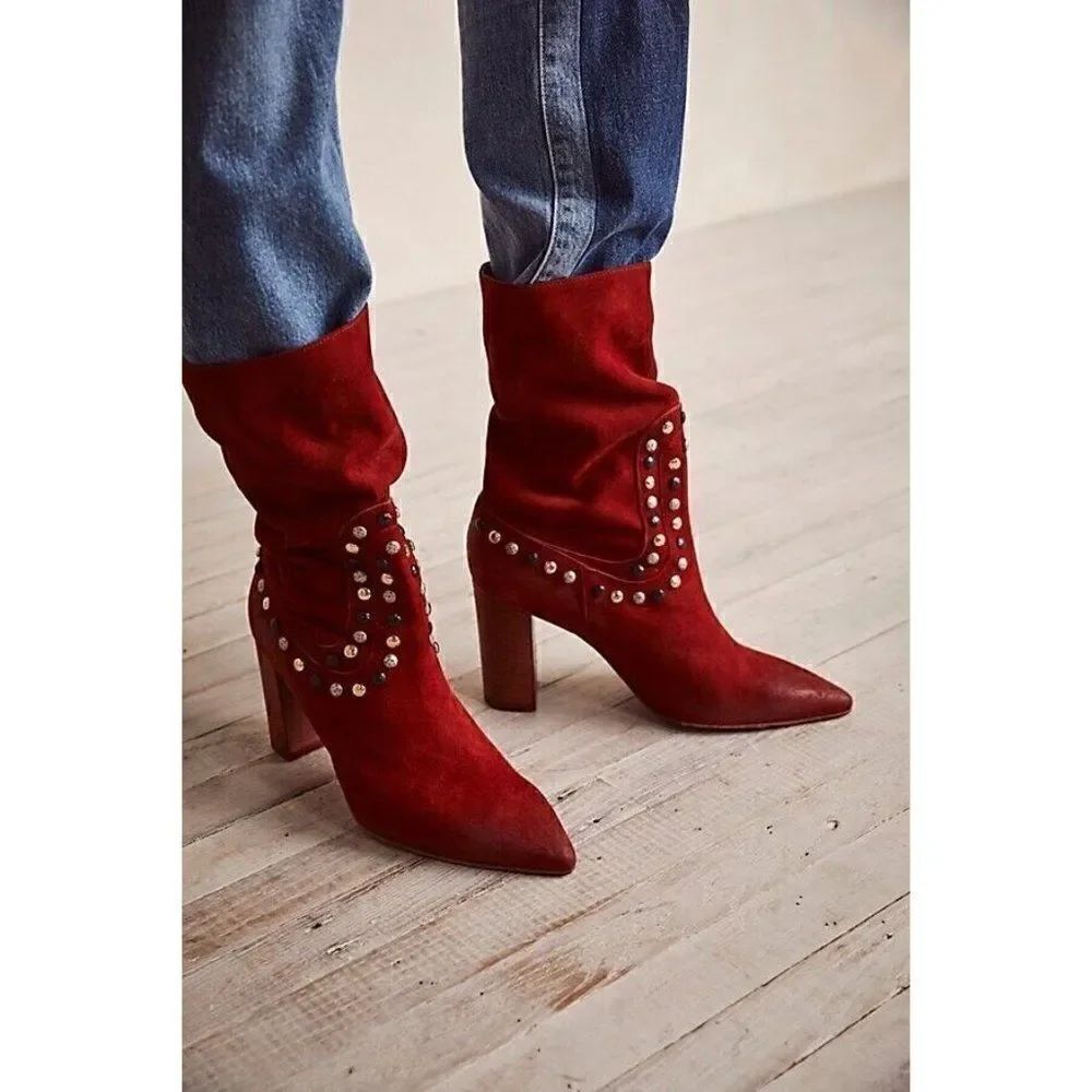 NEW FREE PEOPLE Sz 38 STUDDED DAKOTA HEEL BOOT